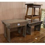 Two rustic oak stools and a similar stool constructed from beech, largest 40cm