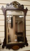 A George III inlaid mahogany fret frame wall mirror, W.50cm H.90cm