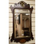 A George III inlaid mahogany fret frame wall mirror, W.50cm H.90cm