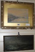 Albert Hartland, watercolour, lake scene and a small oil of fishing boat by another hand, 17 x