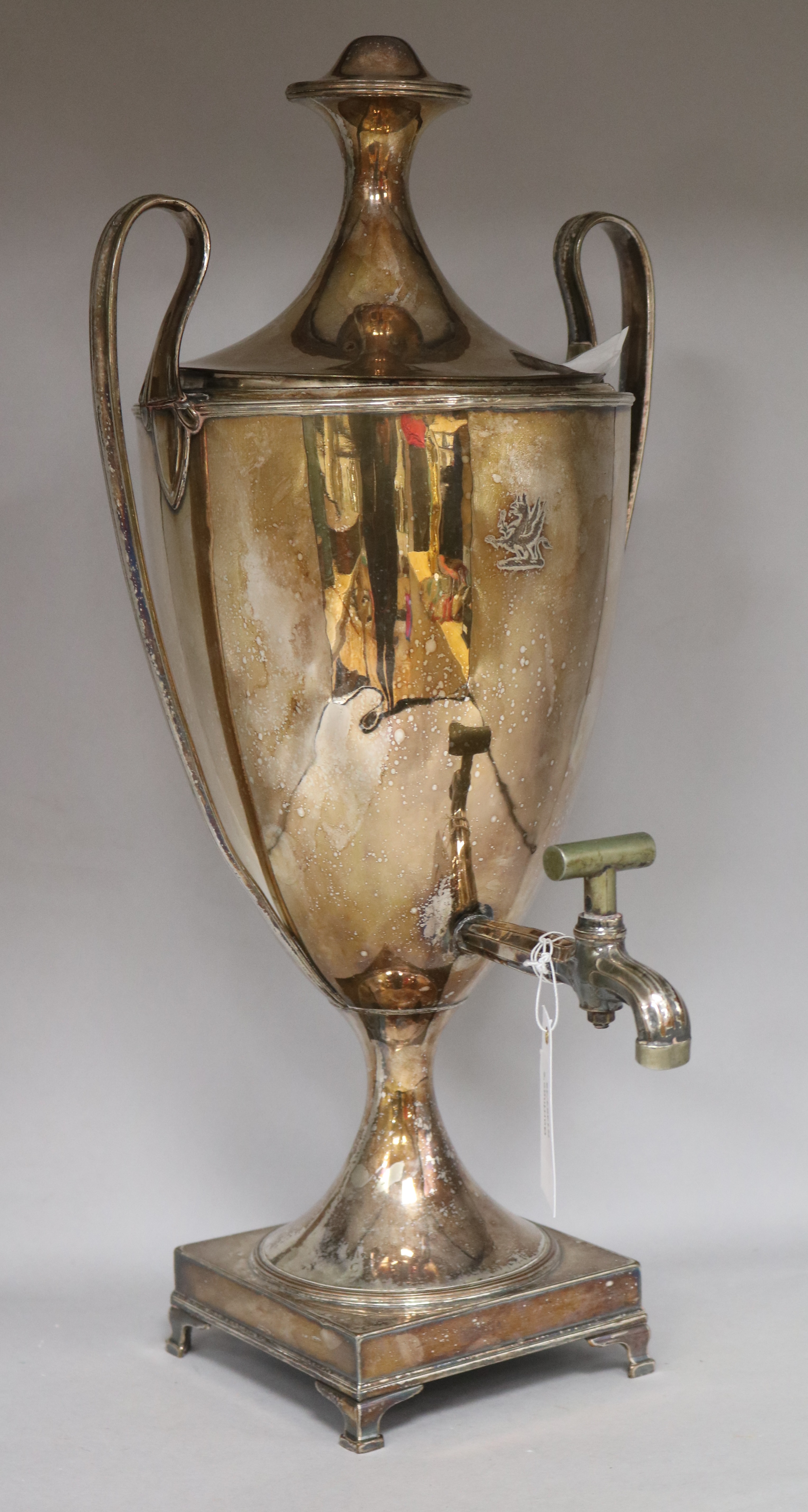 A late 18th century Sheffield plated two handled tea urn, height 55cm