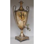 A late 18th century Sheffield plated two handled tea urn, height 55cm
