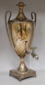 A late 18th century Sheffield plated two handled tea urn, height 55cm