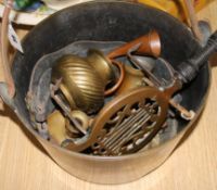 A Victorian brass pan and sundry brass and copper