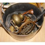 A Victorian brass pan and sundry brass and copper