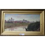 Oil on canvas, river landscape c.1900, 29 x 59cm