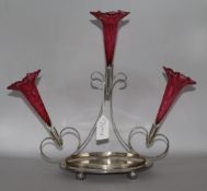 A cranberry 3 branch on silver plated base