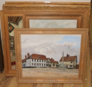 Alfred Palmer, five oils, views of cathedrals and of a town square, all in frames hand carved by the
