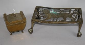 A bronze tea caddy & tiger trivet