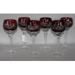 A set of 6 ruby cut glass hock glasses