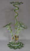 A green twill & clear glass 3 branch epergne
