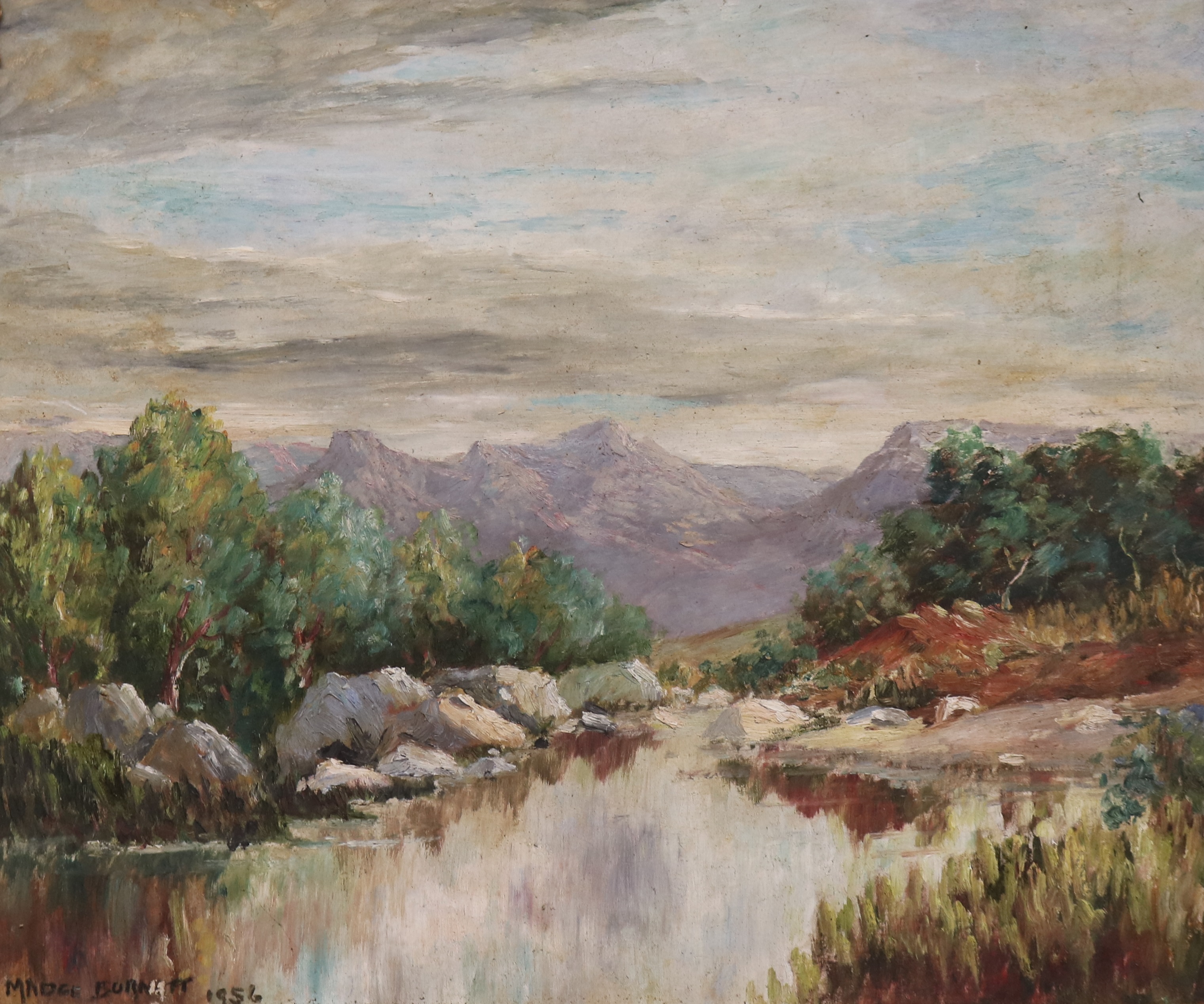 Madge Burnett, oil on board, river landscape, dated 1956, 50 x 60cm