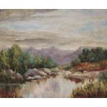 Madge Burnett, oil on board, river landscape, dated 1956, 50 x 60cm