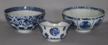 Three Chinese blue and white bowls, Kangxi period, damaged repaired