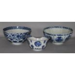 Three Chinese blue and white bowls, Kangxi period, damaged repaired