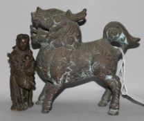 A Chinese bronze temple dog and a Chinese bronze figure