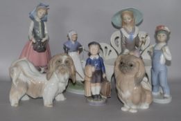 Five Copenhagen / Lladro figures and two dogs