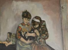 Modern British, oil on board, two girls with a cat, initialled JL, 61 x 76cm, unframed
