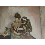 Modern British, oil on board, two girls with a cat, initialled JL, 61 x 76cm, unframed