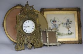A Victorian brass strut timepiece and various picture frames