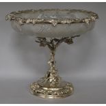 A Victorian plated vine cast fruit stand with frosted cut glass bowl, height 23cm