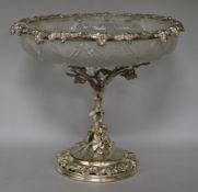 A Victorian plated vine cast fruit stand with frosted cut glass bowl, height 23cm