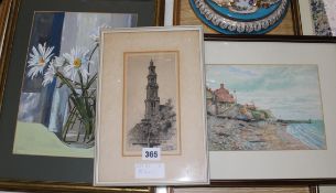 A Dutch etching of a bell tower, a watercolour coastal scene and two other pictures