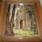 Alfred Palmer, six oils, Views of churches and cottages, signed, in ornate frames carved by the