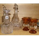 2 amber etched Great Exhibition vases, 5 decanters and a vase