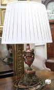 A pair of marble and bronze table lamps with silk shades
