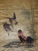 A Japanese embroidered silk panel of cockerel