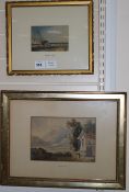 Attributed to David Cox, two watercolours, beached fishing boat and a woman in a landscape, 10 x