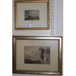 Attributed to David Cox, two watercolours, beached fishing boat and a woman in a landscape, 10 x