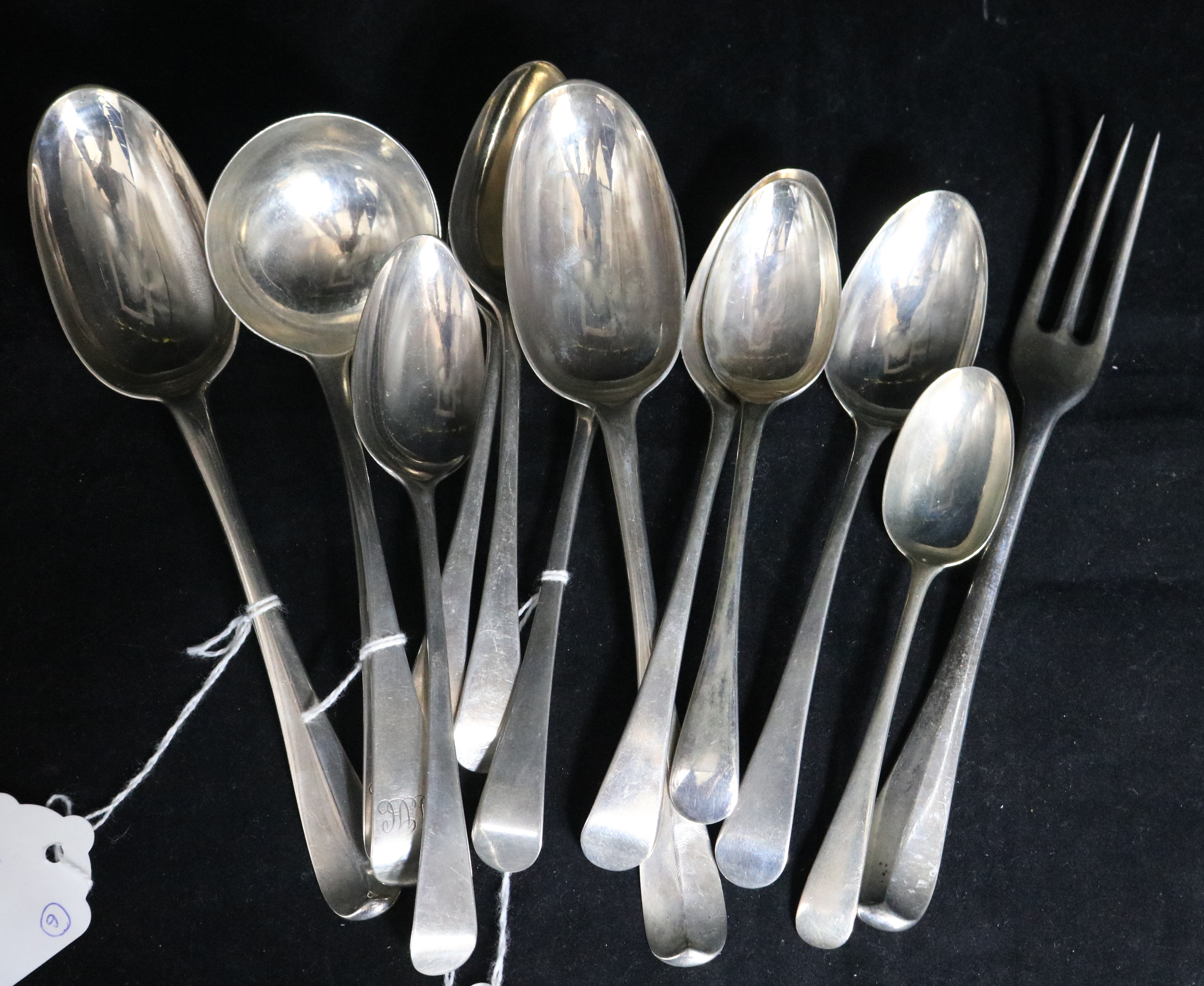 A pair of Georgian silver Hanover pattern tablespoons, a pair of George III circular bowl sauce