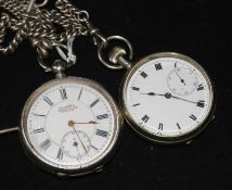 A silver pocket watch and three silver albert chains and one other pocket watch.
