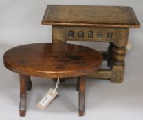 A low oval wooden milking stool and a small coffin-type stool