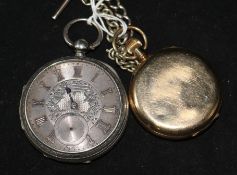 A late Victorian silver keywind lever pocket watch and a gold plated pocket watch.