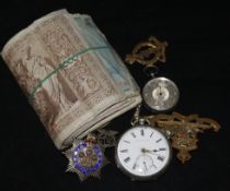 Two silver pocket watches, badges and banknotes