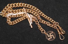 A 9ct gold curblink watch chain with swastika charm, 20.8 grams.