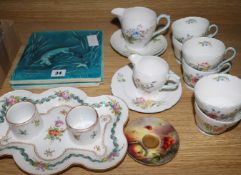 A Shelley Wildflowers part tea set, a Dresden inkstand, two Minton & Hollins tiles and a Worcester