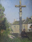 Margaret Dicksee, oil on board, Village scene with cross and figure 30 x 22cm