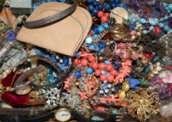 A quantity of costume jewellery, including necklaces, earrings, brooches, etc, a silver pocket