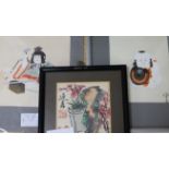 Two Japanese watercolours of figures, unframed and a miniature by Choy Teck Soon Largest 16 x 14cm