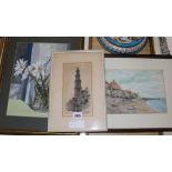 A Dutch etching of a bell tower, a watercolour coastal scene and two other pictures