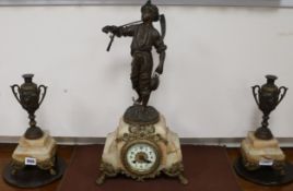 A French figural spelter and marble mantel clock