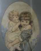 Early 20th century, watercolour of two girls, 18 x 13cm