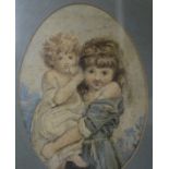 Early 20th century, watercolour of two girls, 18 x 13cm