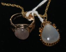 A 9ct gold cabochon ring and 14ct gold cabochon pendant on chain.