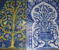 A Tunisian blue & white tile picture and an Italian 'tree of life' tile picture (2)