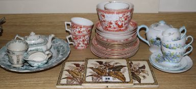 A Royal Crown Derby part tea set Shelley teawares, 3 Victorian tiles and a child's part tea set